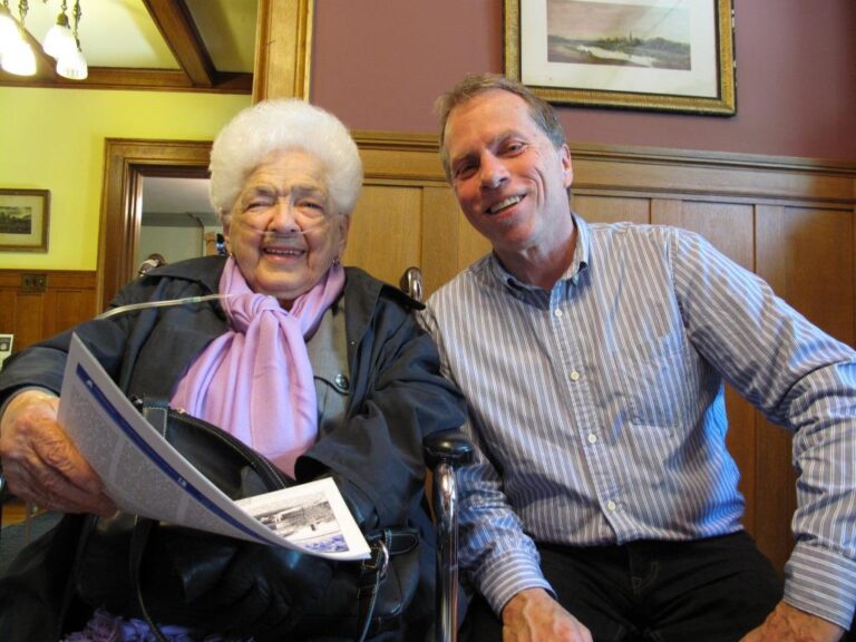 Dr. Bette M. Stephenson with OHS Executive Director Rob Leverty, pictured at John McKenzie House in Willowdale, Ontario, in May 2015.