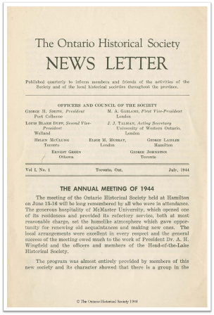 The Ontario Historical Society News Letter, Volume 1, Number 1, July 1944 Cover
