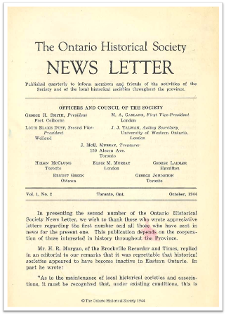 The Ontario Historical Society News Letter, Volume 1, Number 2, October 1944 Cover
