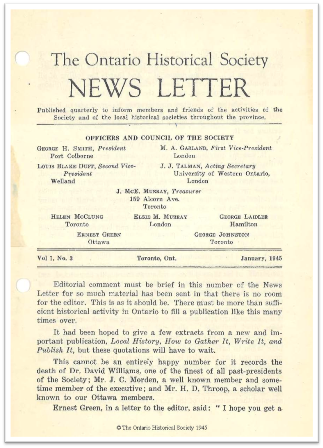 The Ontario Historical Society News Letter, Volume 1, Number 3, January 1945 Cover