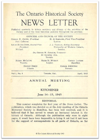 The Ontario Historical Society News Letter, Volume 1, Number 4, April 1945 Cover