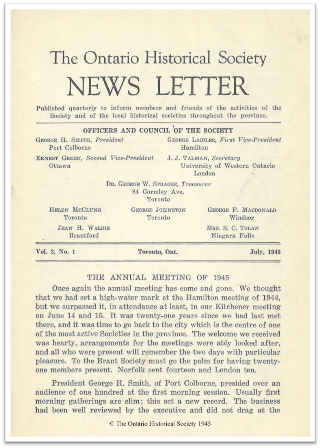The Ontario Historical Society News Letter, Volume 2, Number 1, July 1945 Cover