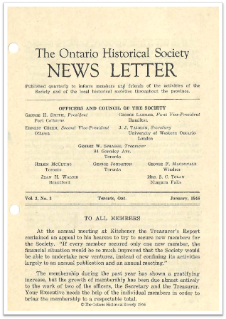 The Ontario Historical Society News Letter, Volume 2, Number 3, January 1946 Cover