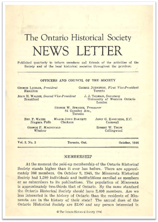 The Ontario Historical Society News Letter, Volume 3, Number 2, October 1946 Cover