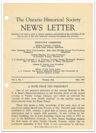 The Ontario Historical Society News Letter, Volume 4, Number 1, July 1947 Cover
