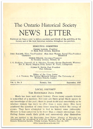 The Ontario Historical Society News Letter, Volume 4, Number 2, September 1947 Cover