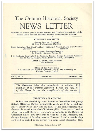 The Ontario Historical Society News Letter, Volume 4, Number 3, November 1947 Cover