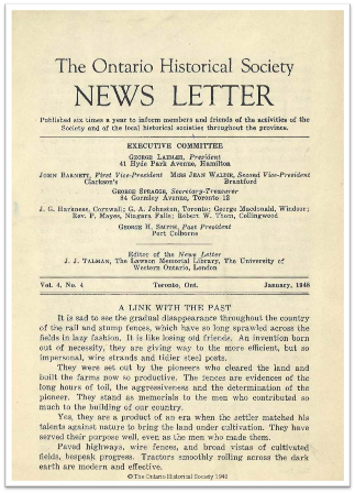 The Ontario Historical Society News Letter, Volume 4, Number 4, January 1948 Cover