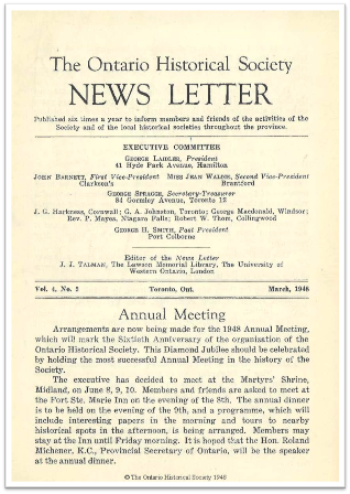 The Ontario Historical Society News Letter, Volume 4, Number 5, March 1948 Cover