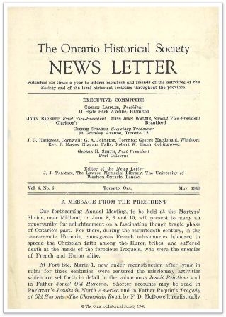 The Ontario Historical Society News Letter, Volume 4, Number 6, May 1948 Cover